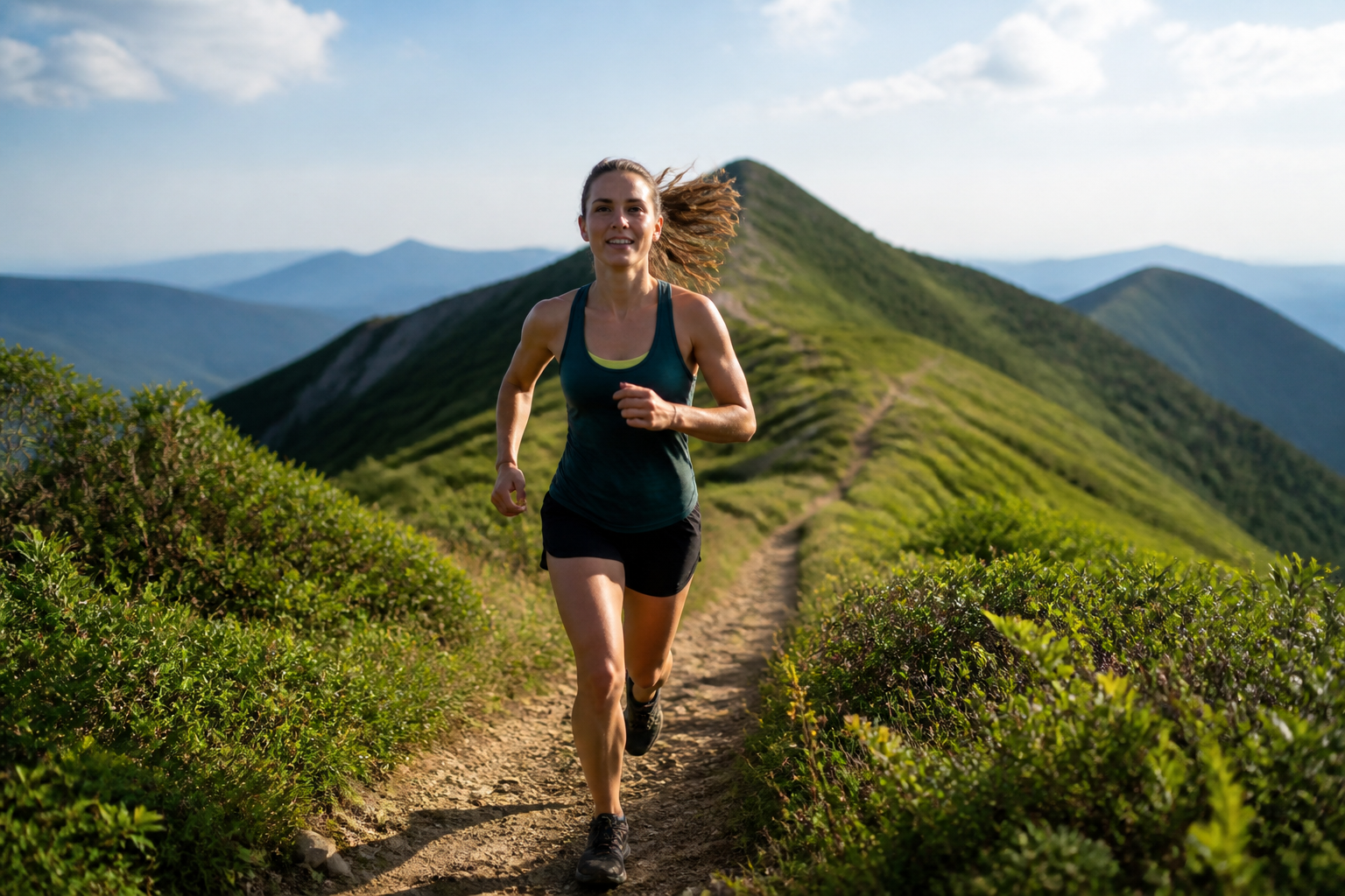 Trail run along a green ridge